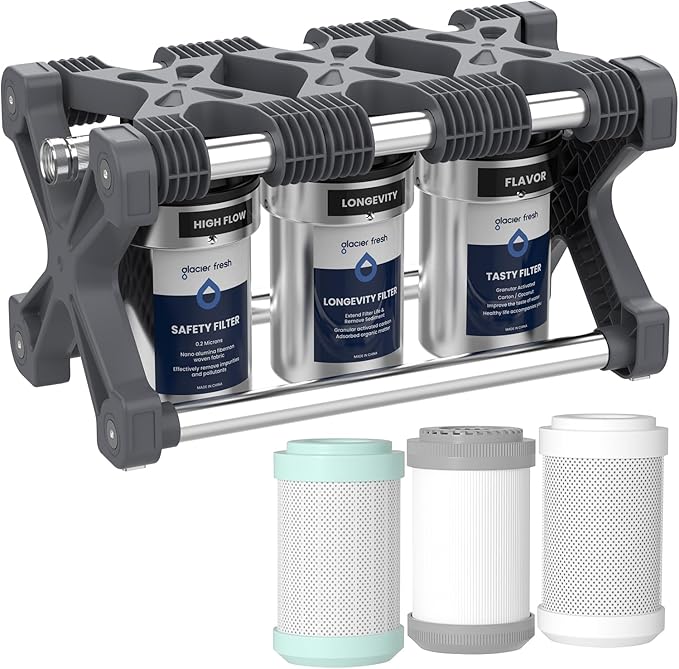 GLACIER FRESH RV Water Purification System with Replacement Filter Cartridges, 0.2 Micron High Flow Filter, Sediment Longevity Filter, and Improved Taste Granular Activated Carbon Filter