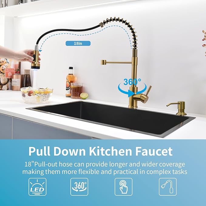 GIMILI Gold Kitchen Faucet with Soap Dispenser Single Hole Pull Down Sprayer LED Faucet, Suitable for Farmhouses, RV, Laundry Room, Outdoor, and Campers. Llave para fregadero de cocina