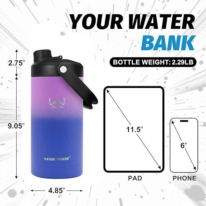 NATURE PIONEOR 64 oz Insulated Water Bottle - Double Vacuum Stainless Steel Half Gallon Water Jug with Holder/Carrier, Wide Mouth, Outdoor Sports, Hiking, Camping, Gym