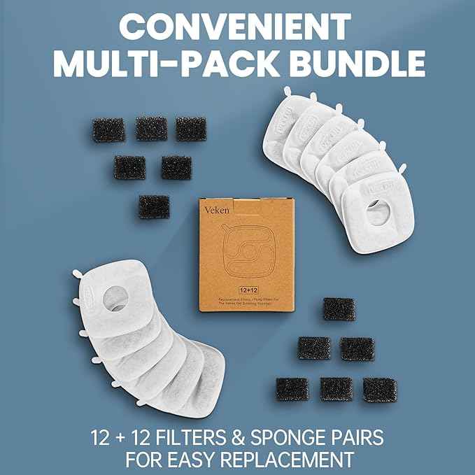 Veken Cat Water Fountain Filters, 12 Pack Replacement Filters & 12 Pack Replacement Pre-Filter Sponges Set for 50oz, 84oz, 95oz Automatic Pet Fountain Dog Water Dispenser - AquaVibe
