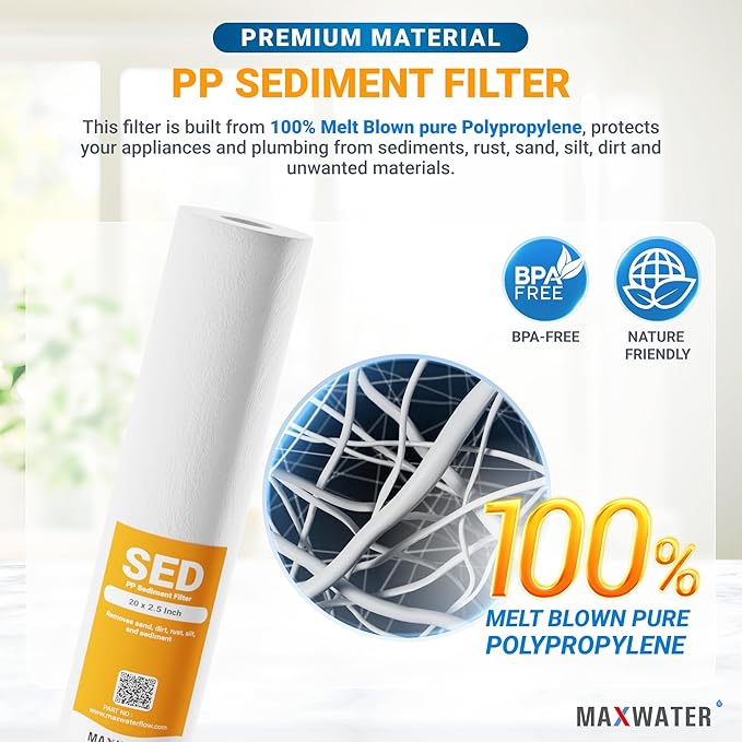 Max Water Slim Blue 5 Micron 20 inch x 2.5 inch Whole House Melt-Blown Polypropylene Sediment Water Filter Replacement Cartridge (Pack of 9)