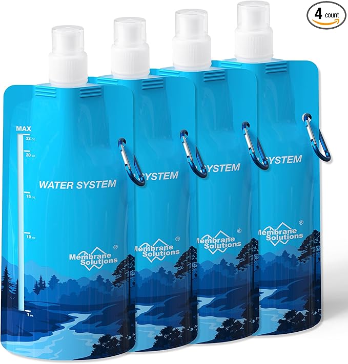 Membrane Solutions Collapsible Water Bottle 23oz, Foldable Pouch Water Bottle with Carabiner, BPA-Free, Leakproof for Traveling Camping Hiking Cycling Yoga Sports Outdoor Essentials