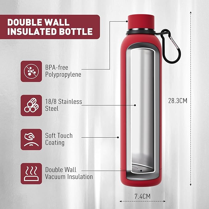 Exllena Slim Insulated Water Bottles for Travel 25oz with Clip, Double Wall Vacuum Stainless Steel Water Bottle Keeps Drinks Cold 24 Hrs/Hot 12 Hrs, 100% Leakproof, BPA Free（Red）