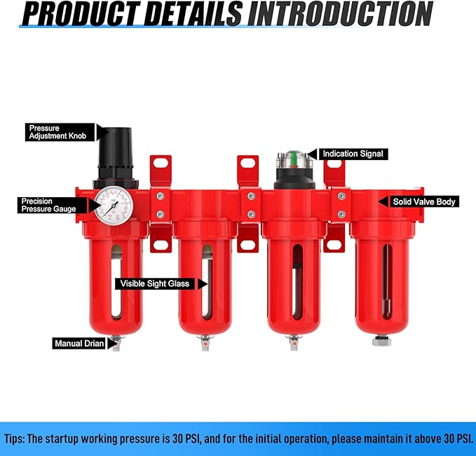 1/2" NPT Industrial Grade 4 Stage Aluminum Air Drying System, Coalescing Filter, Double Particulate Filter, Desiccant Dryer and Air Regulator,Manual Drain For Plasma Cutter and Paint Spray - AquaVibe