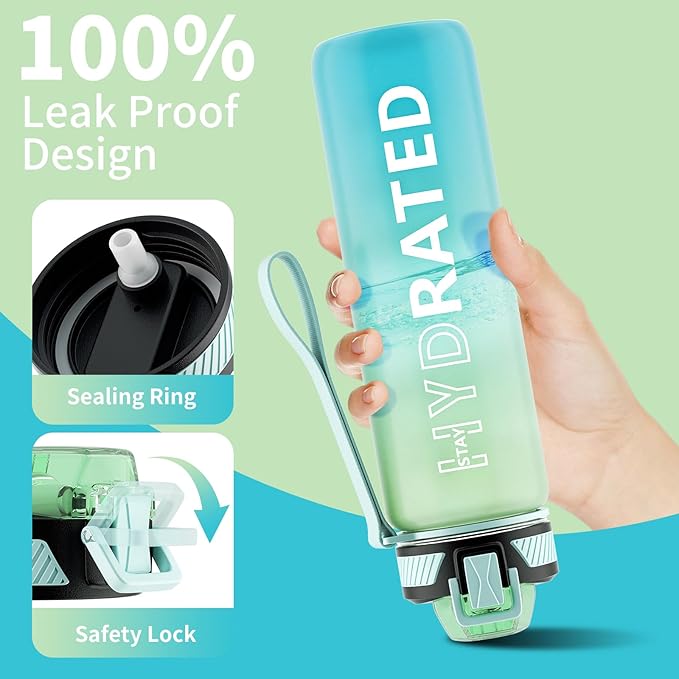 Water Bottle with Straw, 27oz Motivational Water Bottles with Time Marker to Drink, Tritan BPA Free, 750ml Sports Water Bottle with Carry Strap LeakProof for School Fitness Outdoor (1Pack)