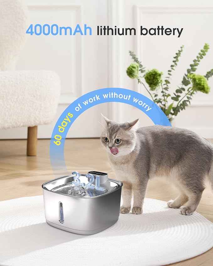 Wireless Cat Water Fountain Stainless Steel, Smart Pet Water Fountain Cordless,3.2L/108oz with Filters and 2 Spray-Head,Pet Water Fountain for Cats Dogs Indoor