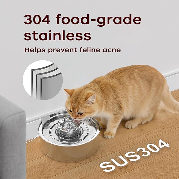 OYES Cat Water Fountain,Stainless Steel 2.0L/67oz Automatic Circulating Pet Water Fountain,Ultra-Quiet Pump with LED Light,Dishwasher Safe,Cat Fountain Suitable for Cat and Puppy (2L Cat Fountain)