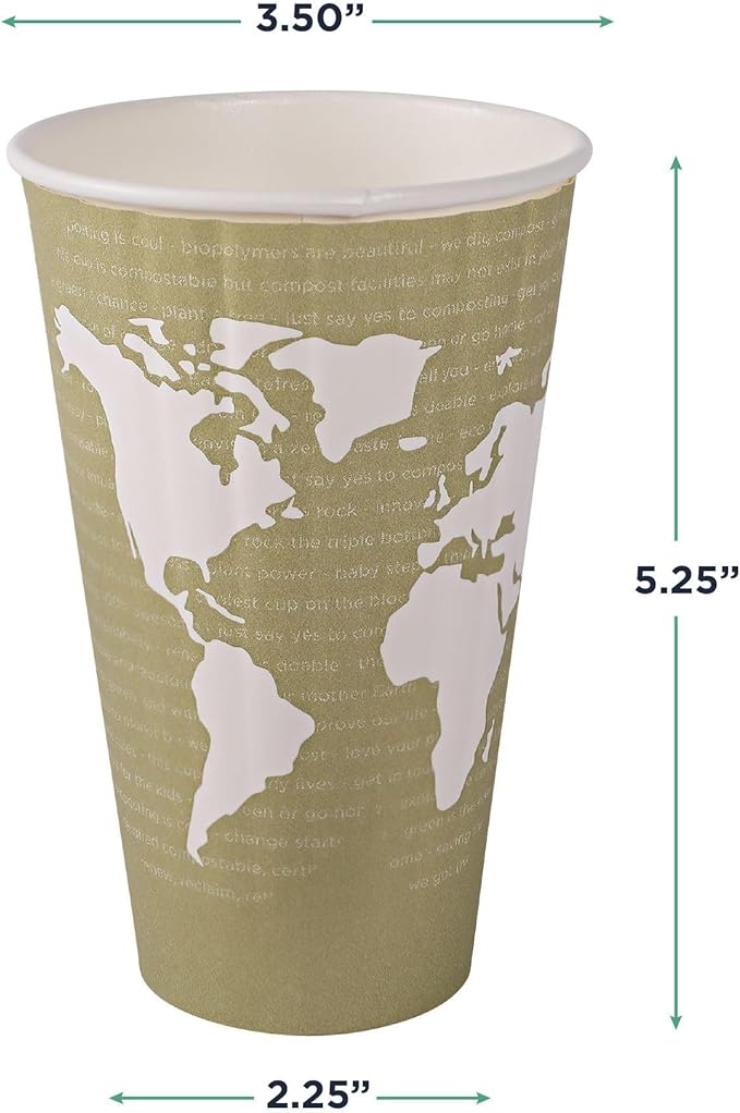 ECO PRODUCTS Compostable Disposable Insulated World Art 16oz Large Coffee Cups, Case of 600, Renewable Double-wall Hot Paper Cup, Plant Based PLA Lining, No Sleeves Needed, Color Coded