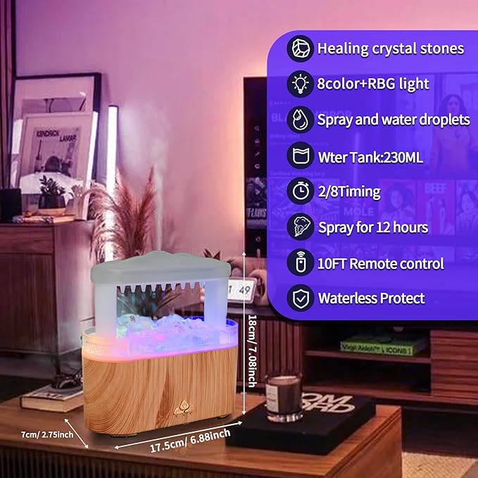 BOHOFAM Essential Oil Diffuser with Stone,Rain Cloud Humidifier, Simultaneously Water Drip and Air Mist,Aroma Diffusers has 8 Colorful and RBG Light Change for Home Bedroom