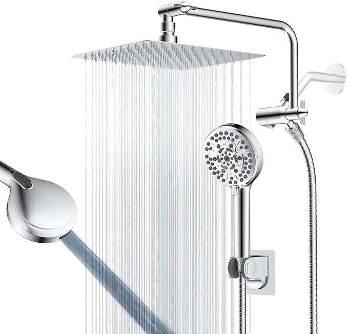 All Metal Shower Head, 10" High Pressure Rainfall/Handheld Shower Combo with 11" Extension Arm, 10-Spray Handheld Showerhead, 71" Long Hose, 3-Way Diverter Valve, Chrome