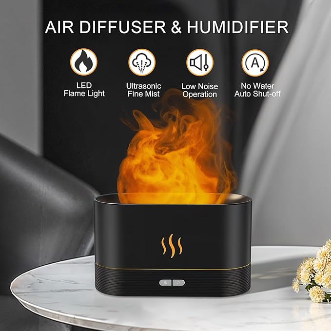 Essential Oil Diffuser, Flame Air Humidifier with Fire Led Light - 2 Rightness, 180mL Capacity (8 Hours), Auto-Off Protection Air Diffuser for Home Bedroom Office Gifts(White)