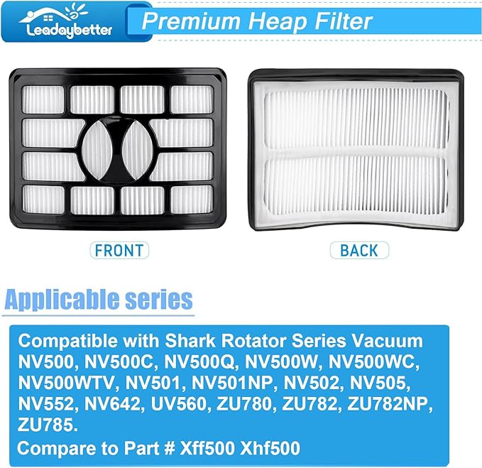 Leadaybetter Filter Replacement for Shark Rotator Pro Lift-Away NV500, NV501, NV502, NV505, NV552, NV642, UV560, ZU780, ZU782, ZU785. Compare to Part # Xff500 Xhf500, 2 + 4 Foam & Felt Filters - AquaVibe