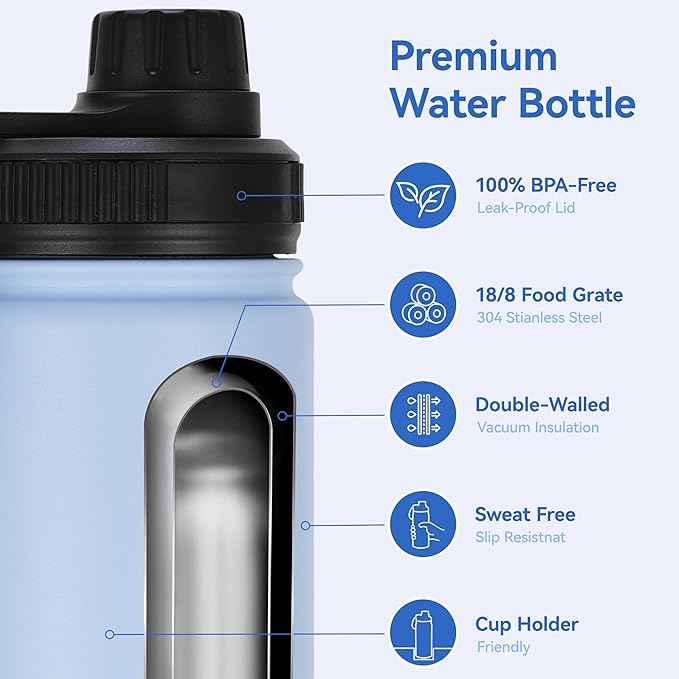 DOMICARE 16 oz Kids Water Bottle for School Stainless Steel Double Wall Vacuum Insulated Water Bottle with Straw lids & Spout Lid, Leakproof BPA Free (Light Blue,8)