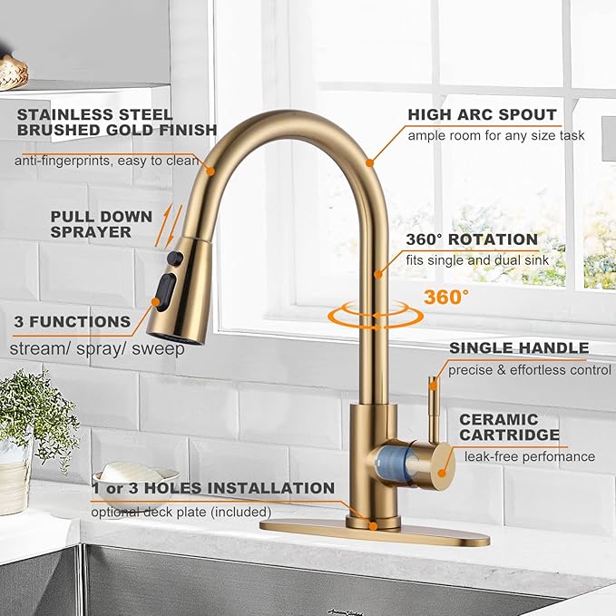 WOWOW Brushed Gold Kitchen Faucet With Sprayer, Stainless Steel High Arc Single Handle Sink Faucet for 1 or 3 Hole, Luxurious Gold Utility RV Kitchen Tap
