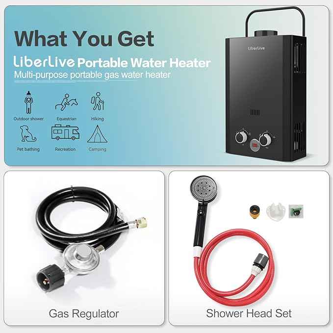 Propane Water Heater, 6L 1.58GPM 41000 BTU Portable Tankless Water Heater Outdoor, Gas Instant Hot with Handle Overheating Protection for RV Trips, Camping, Boat Cabins, Outdoor Shower, Black
