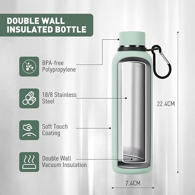 Exllena Slim Insulated Water Bottles for Travel 18oz with Clip, Double Wall Vacuum Stainless Steel Water Bottle Keeps Drinks Cold 24 Hrs/Hot 12 Hrs, 100% Leakproof, BPA Free(Mint)