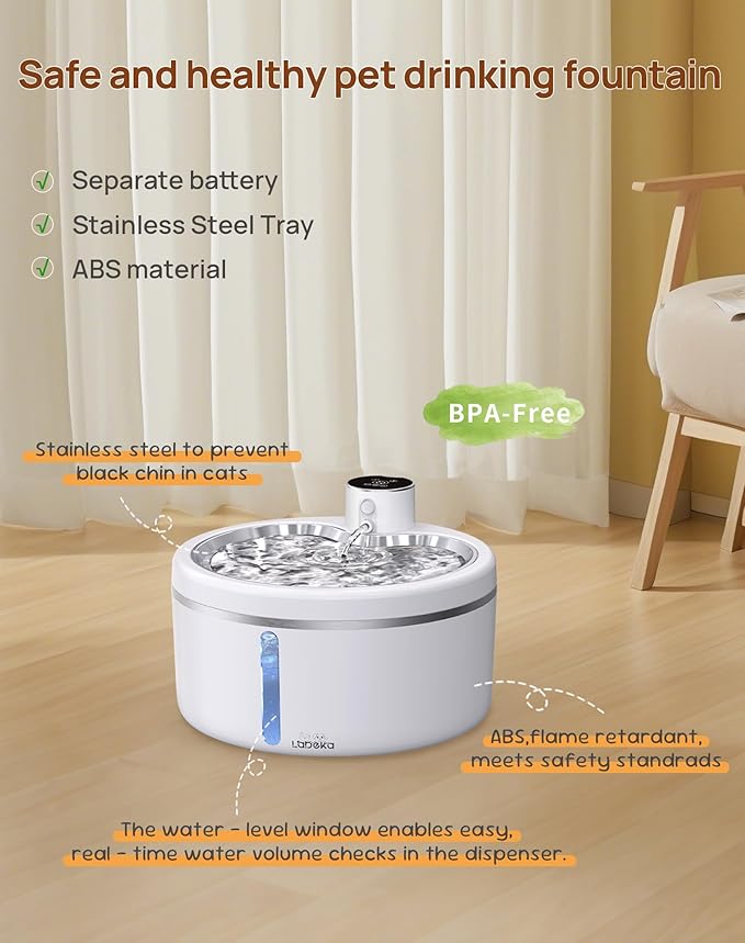 Wireless Cat Water Fountain with Stainless Steel Tray, 84oz/2.5L Pet Water Fountain for Cats Inside, Cat Fountain for Drinking with Motion Sensor, Ultra Quiet Pump for Pets& Small Animals (8Filters)