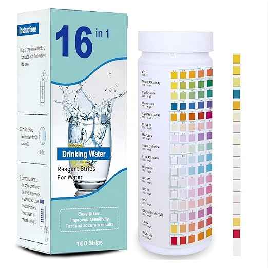 Drinking Water Testing Kits(100 Strips)-16 in 1 Well&Household Tap&Natural Water Quality Test with Hardness,Chlorine,Copper,Iron,Lead,pH,Etc.