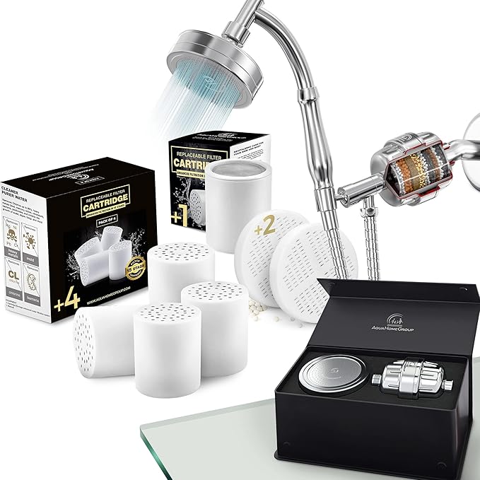 AquaHomeGroup Handheld Shower Head with Filter - 20 Stage Filtration Shower Filter for Hard Water - Vitamin C and E and 4x and single filter cartridge and vit c + e + a cartridge bundle