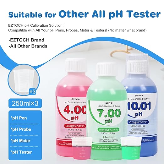 pH EC PPM Monitor for Water Hydroponic with pH Calibration Solution, 6 in 1 pH EC TDS Continuous Monitor with 250ml pH 4.0+7.0+10.0 Calibration and Probe Cleaning Solution for Water, Pool