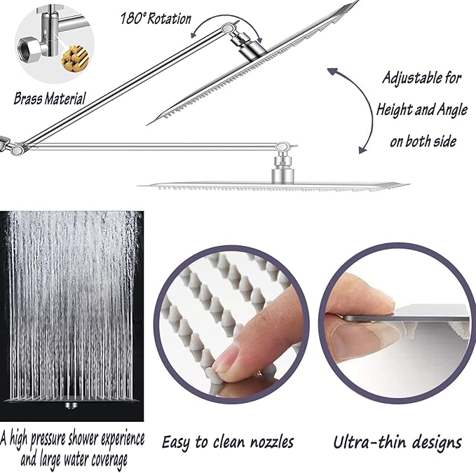 12 Inch High Pressure Square Rain Shower Head and 2-in-1 Hand Shower, Equipped with 78"Hose and 13" Shower Arm, 3 Way Diverter Valve, Shower Head Holder (AWAXFOLO Square Shower Head Set Chrome)