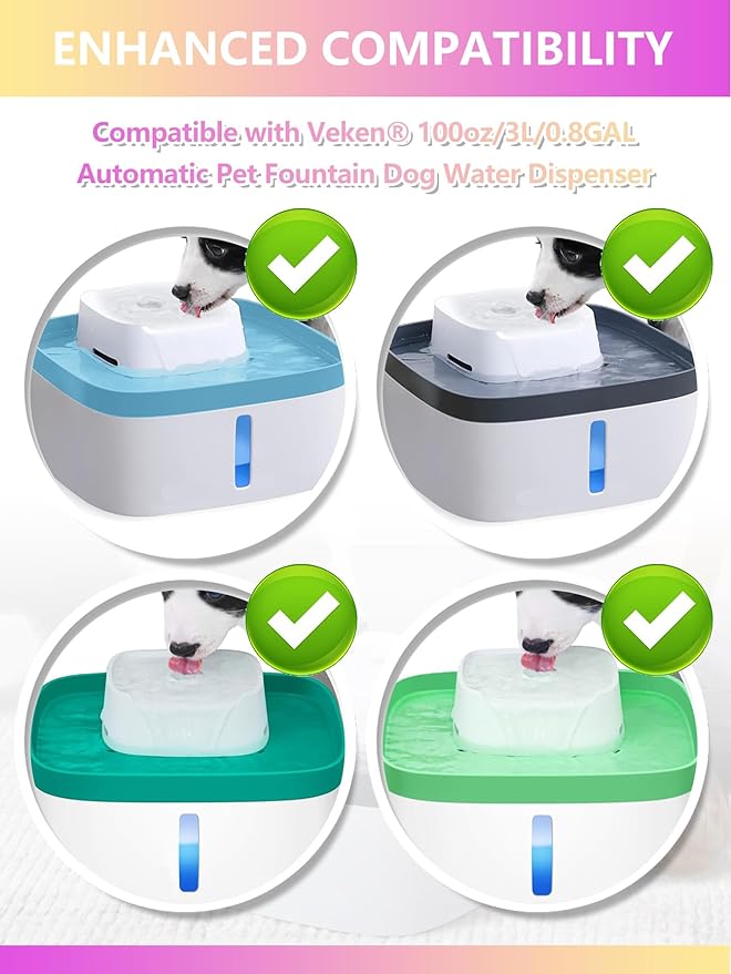 Cat Water Fountain Filter Replacement Compatible with Veken 100oz/3L/0.8GAL Automatic Pet Fountain, Replacement Filters for Cat Dog Water Fountain Dispenser with Pre-Filter Sponges(6+6 Packs)