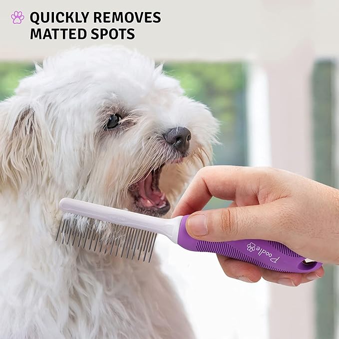 Poodle Pet Detangling Pet Comb with Long & Short Stainless Steel Teeth for Removing Matted Fur, Knots & Tangles – Detangler Tool Accessories for Safe & Gentle DIY Dog & Cat Grooming - AquaVibe