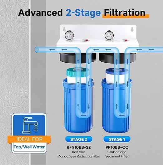 PUREPLUS 2-Stage Whole House Water Filtration System, Reduces Chlorine, Odor, Heavy Metals, Iron, Manganese, 10"x4.5" Housing, 1" Inlet/Outlet, PP Sediment & RFN Iron Filter, Pressure Gauges Included