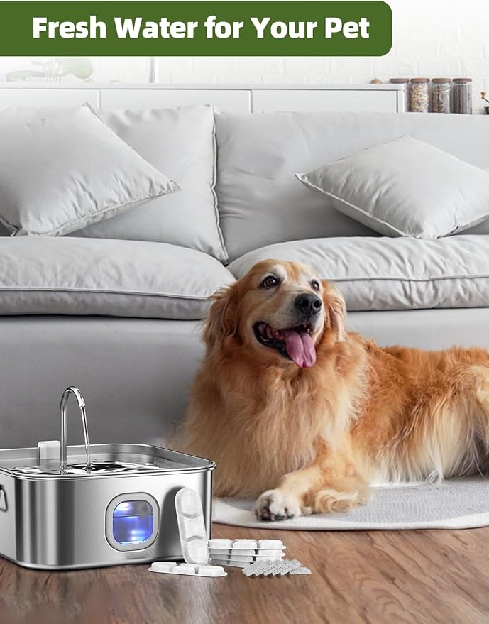 Dog Water Fountain Stainless Steel, 12L/16L Large Pet Water Fountain for Dogs, Dog Water Bowl Dispenser with Water Level Window & LED Light, Super Quiet for S-L Dogs and Multi-Pet (Filters)