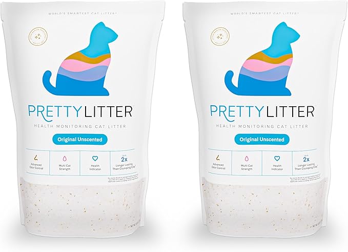 PrettyLitter Health Monitoring Cat Litter (Unscented, Non Clumping) | Lightweight & Low Tracking, Color Changing Silica Gel Crystals, Advanced Odor Control — 6 Lbs, Pack of 2 (Two Month Supply) - AquaVibe
