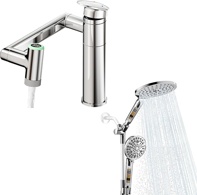 HOWUWEY Chrome Rotatable Single Hole Bathroom Vanity Faucet with Temperature Display & HOWUWEY Chrome Filtered Dual Shower Head with Handheld Spray Combo for Hard Water