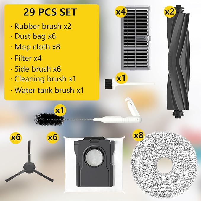 Yivy 28 Pcs Replacement Parts for Dreame X30 Ultra/Mova E30 Ultra/L10s Pro Ultra Heat/l10s ultra gen 2,Accessories: 2*Main Brush, 6*Side Brushes, 4*Filter, 8*Mop, 6*Dust Bags, 1*Water Tank Brush - AquaVibe