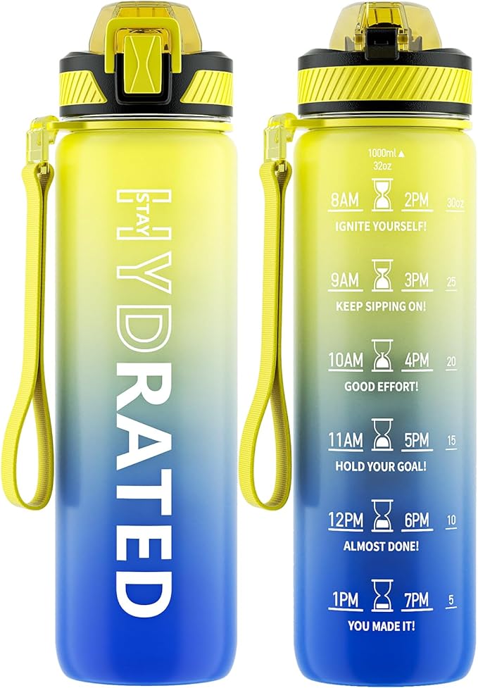 Water Bottle with Straw, 32oz Motivational Water Bottles with Time Marker to Drink, Tritan BPA Free, 1L Sports Water Bottle with Carry Strap LeakProof for Women Gym Fitness Outdoor (1 Pack)