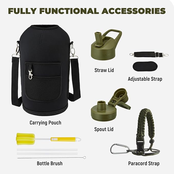 COKTIK 128oz Insulated Water Bottle - Stainless Steel Vacuum Metal, Portable 1 Gallon Large-Capacity Sports Bottle with Straw, Carry Bag and Handle Strap, Ideal for Gym & Hiking(Army Green)