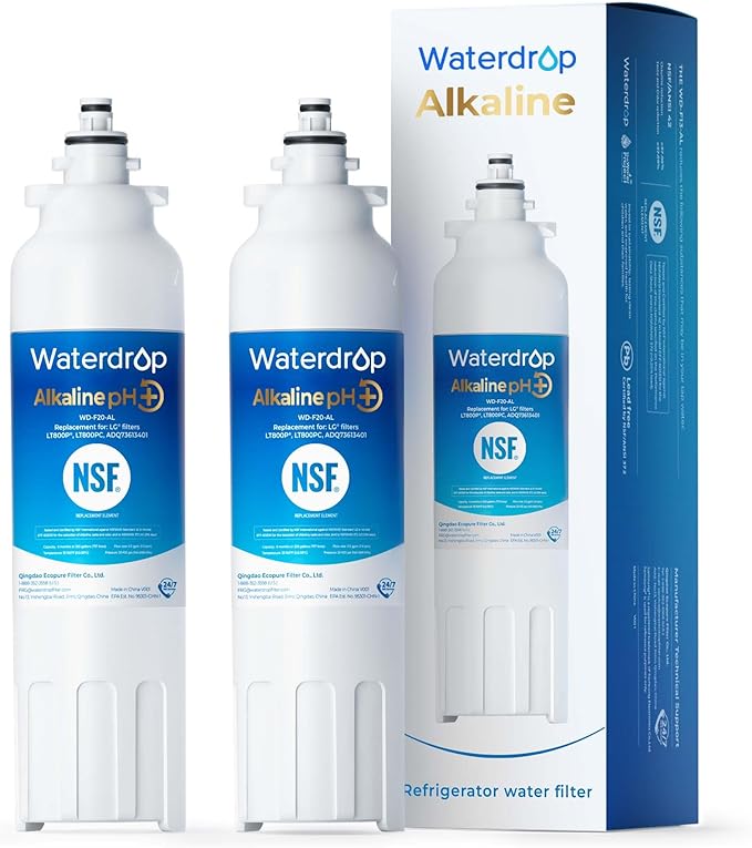 Waterdrop 𝐀𝐥𝐤𝐚𝐥𝐢𝐧𝐞 ADQ73613401 Water Filter, 𝐄𝐧𝐡𝐚𝐧𝐜𝐞𝐬 𝐩𝐇, Replacement for LG® LT800P®, ADQ73613402, ADQ75795104, LSXS26326S, LMXC23746S, LSXS26366S, LSXS26386D, 2 Filters - AquaVibe