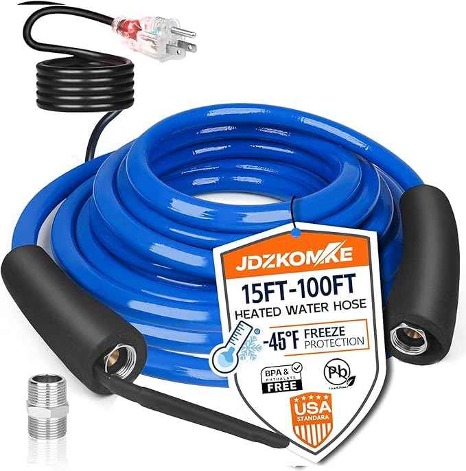 15FT 25T Heated RV Water Hose - Freeze Protection Down to -45°F, Heavy-Duty PVC & Brass Fittings, 1/2" ID Lead-Free Hose for Camping/Poultry Farms