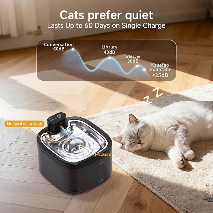 Wireless Cat Water Fountain Cordless: Battery Operated 118oz/3.5L Pet Water Fountain for Cats Indoor with Motion Sensor, Automatic Cat Drinking Fountains Stainless Steel Tray(2Filters)