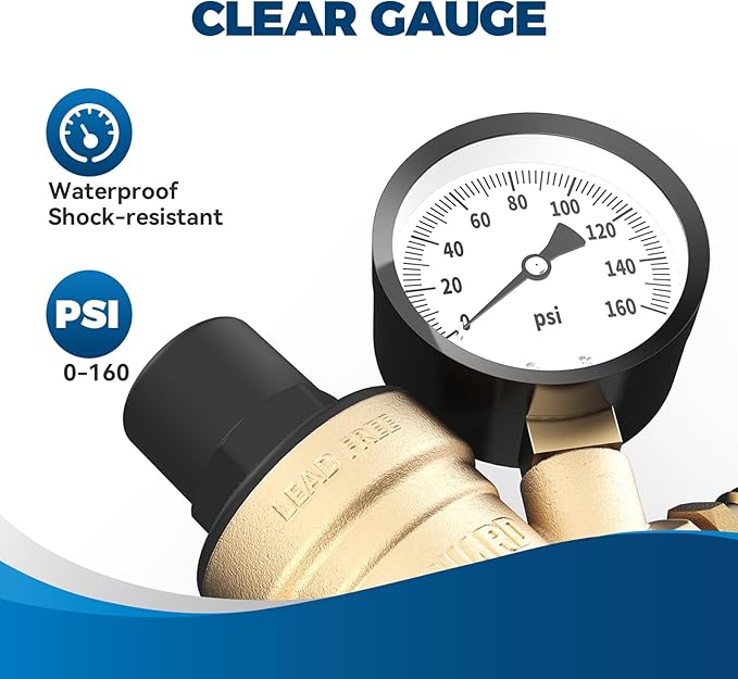 RVGUARD RV Water Pressure Regulator Valve, CSA Approved, Lead-Free Brass Adjustable Water Pressure Reducer with Gauge and Inlet Screen Filter for RV Camper Travel Trailer