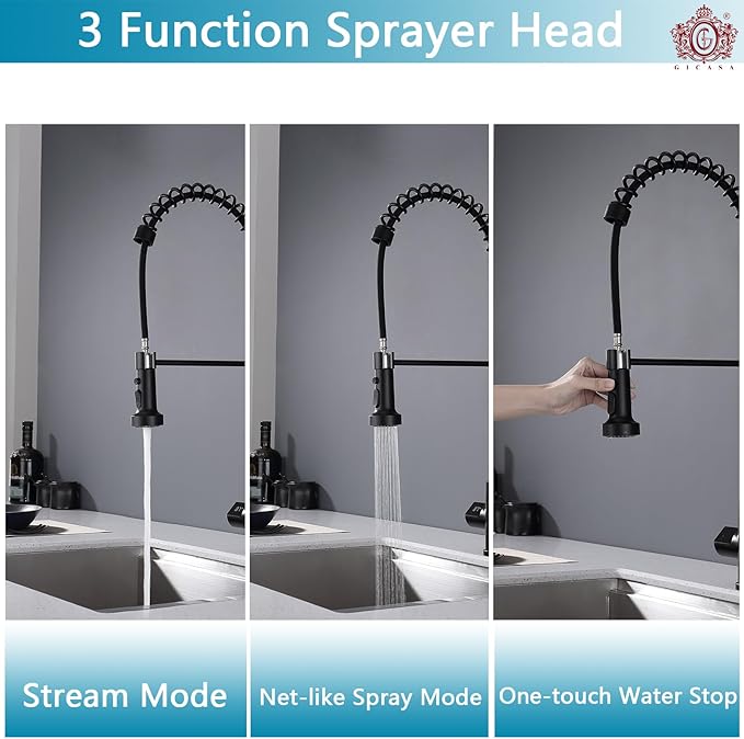 Kitchen Faucet with Temperature Digital Display, Solid Brass Kitchen Sink Faucets with Pull Down Sprayer and 3 Modes, 360 Rotatable Pull Out Kitchen Faucet, Matte Black