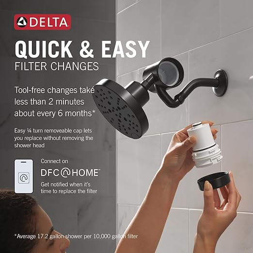 Delta Faucet 5-Setting H2Okinetic Shower Head Matte Black with Clarifi Premium Shower Filter Attachment with Filter
