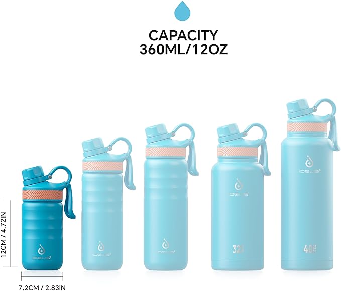 IDEUS Insulated Water Bottle 12oz, Stainless Steel Insulated Water Bottle For School, Insulated Bottles With Straws Leakproof, Vacuum Double Wall Water Bottles For Boys And Girls With 2 Lids, BPA Free