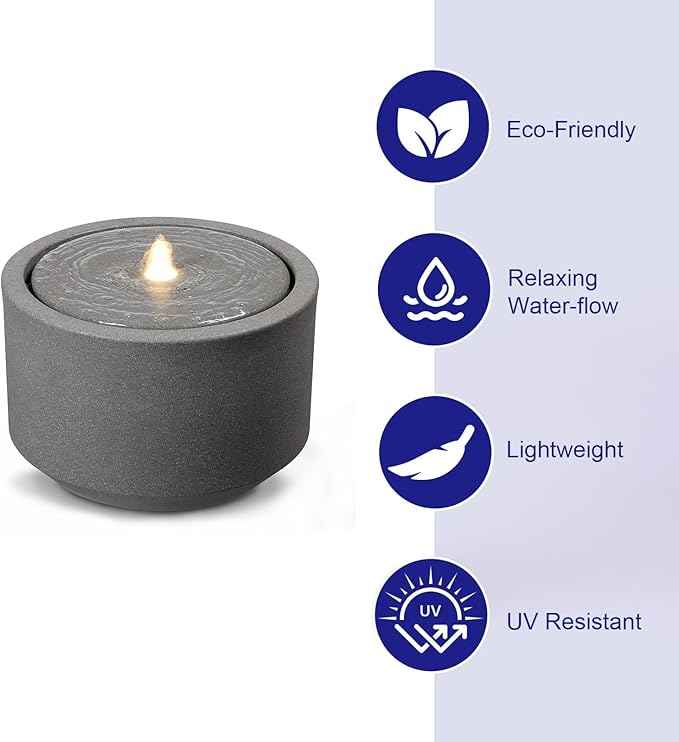 10.23” H Outdoor Water Fountain Made with Eco-Friendly Recyclable Materials, Polyethylene Round Bubbler Water Fountain Outdoor, Garden Decor with LED Light for Patio, Porch, Backyard
