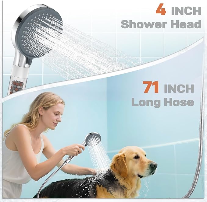 YDmeet Filtered Handheld Shower Head with Long Metal Hose Set, 3-Mode Spray Setting, Extra 6 Packs Replacement Mineral Balls for Refills, Chrome - AquaVibe