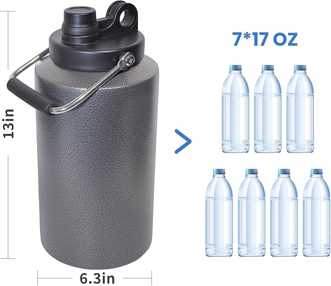 1 Gallon Water Bottle Insulated Stainless Steel Keeps Ice 48Hr, Large Water Gallon Jug Wide Mouth Leakproof Vacuum for Gym, Camping, & Construction Charcoal Gray