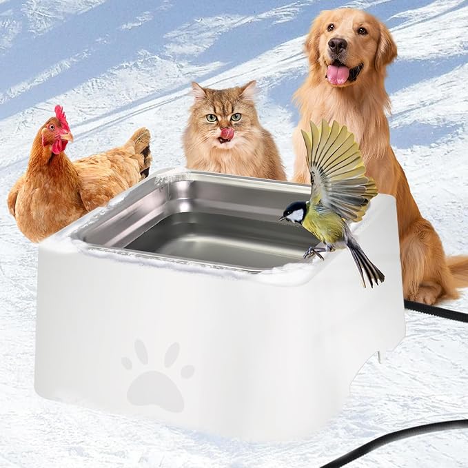 Large Heated Water Bowl for Outdoor Dog & Cat, Outside Animal Waterer With Removable Stainless Bowl, No Freeze Pet Dish for Rabbit, Chicken, Poultry, Squirrel