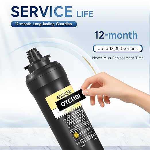 AQUALTRA USF01-BK Under Sink Water Filter System, 12K Gallons, NSF/ANSI 372 Certified, 0.5 μm Carbon Fiber Filter Reduces PFAS (PFOA/PFOS), Chlorine, Lead, Chloramine, Fluoride, Bad Taste & Odor