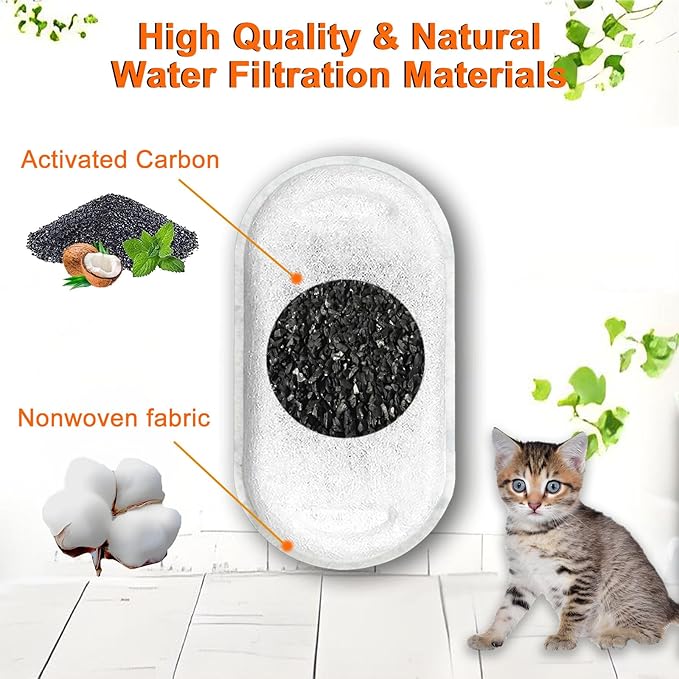Cat Water Fountain Filters, 8 Filters+8 Sponge Replacement Filters for 108/3.2L and 67oz/2LStainless Steel Pet Water Dispenser for Dog (8 sets)