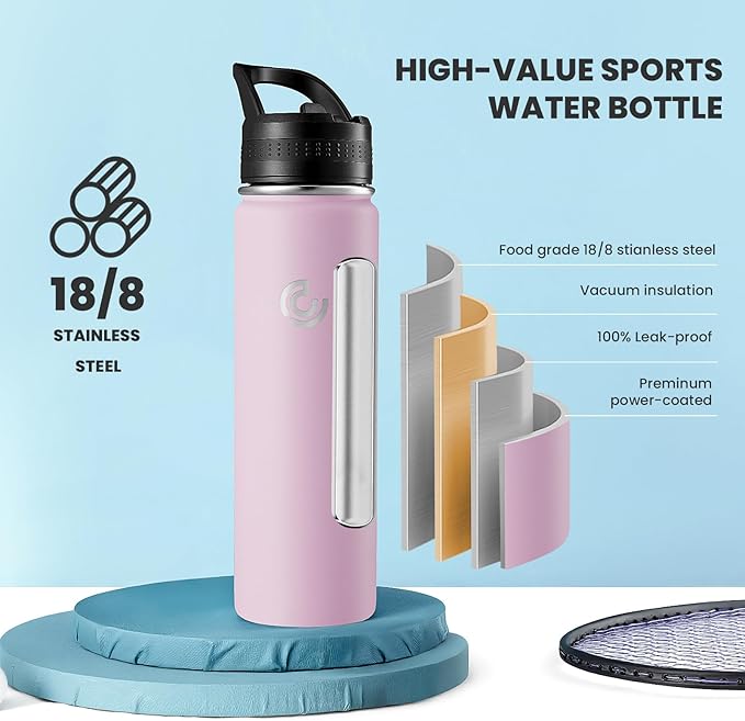 COKTIK 22oz Sports Water Bottle, Stainless Steel Water Bottle for Insulated, Reusable Travel Bottle, With Straw, With Handle Grip for Easy Carrying, Suitable for Cycling, Outdoor Vacations(Blush)