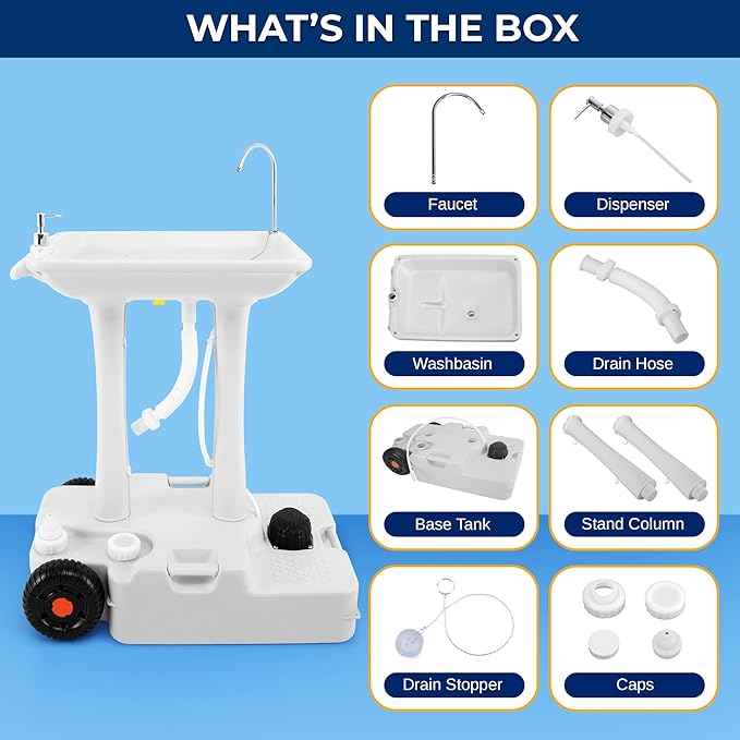SereneLife Portable Camping Sink with 30L (7+ Gallon) Built-In Water Tank, Large Wheels, Hands-Free Foot Pump, Extra-Large Basin, and 5L Soap Dispenser – Ideal for Outdoors, Camping, and Worksites