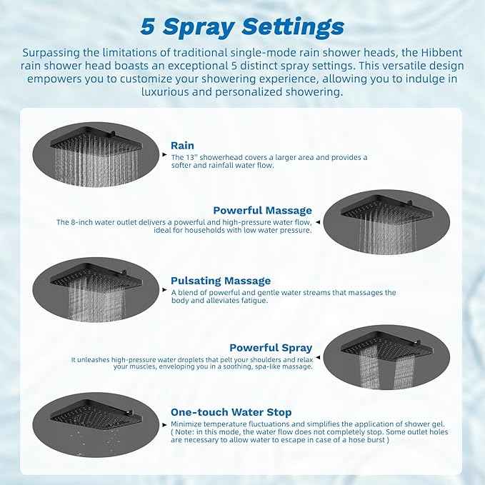 Hibbent 5-spray Dual Filtered Rainfall Shower Head Combo, High Pressure 13'' Showerhead with 10 Spray Mode Handheld, Easy Reach 4-way Diverter Shower Arm with Pause Mode, 71'' Hose and Holder, Black
